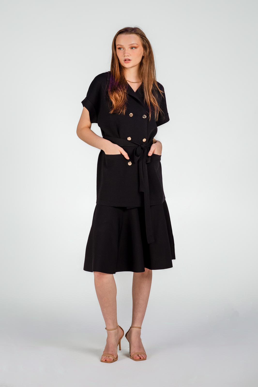 Aleeza Paris Long Knit Vest With Belt – modest dress in Black