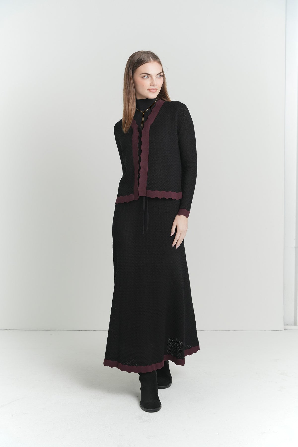 Marielle Trim Cardigan in Black With Plum Trim – on model – ALEEZA PARIS