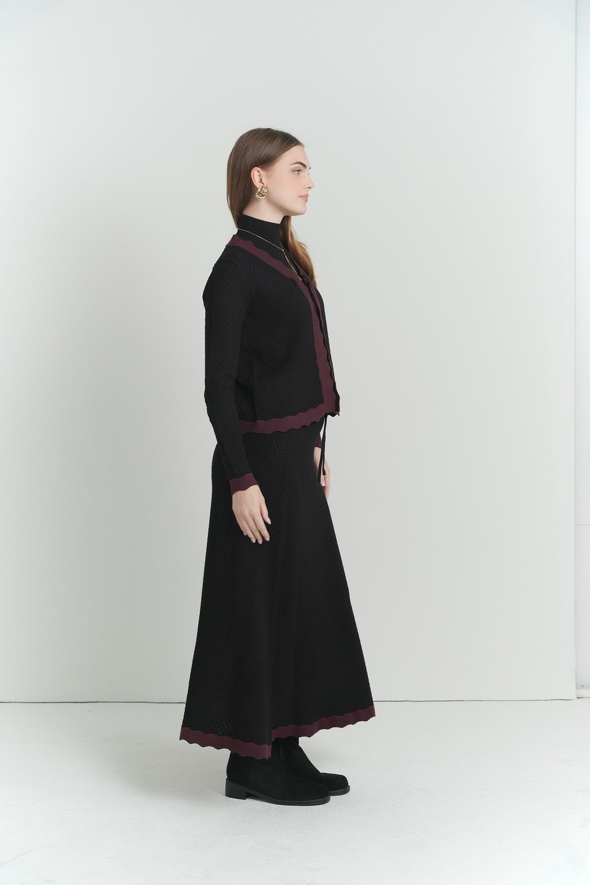 Marielle Trim Cardigan in Black With Plum Trim – on model – ALEEZA PARIS