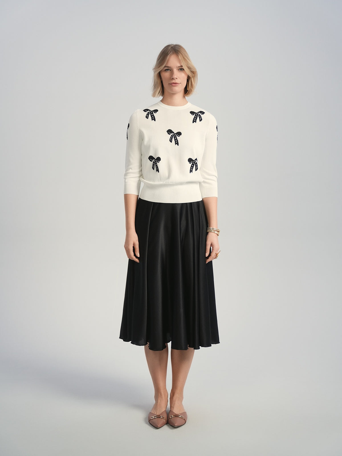 Aleeza Paris Marion Bow Top – modest top in Ivory with Black Bows