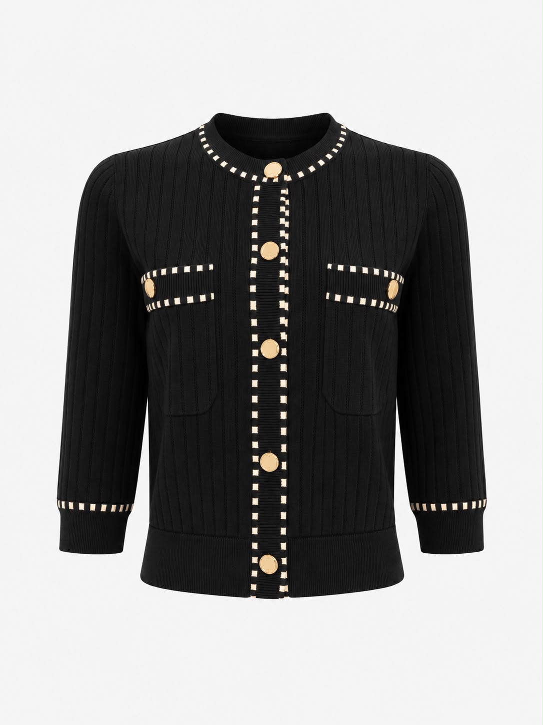Aleeza Paris Milano Knit Jacket – modest top in Black With Ivory Trim