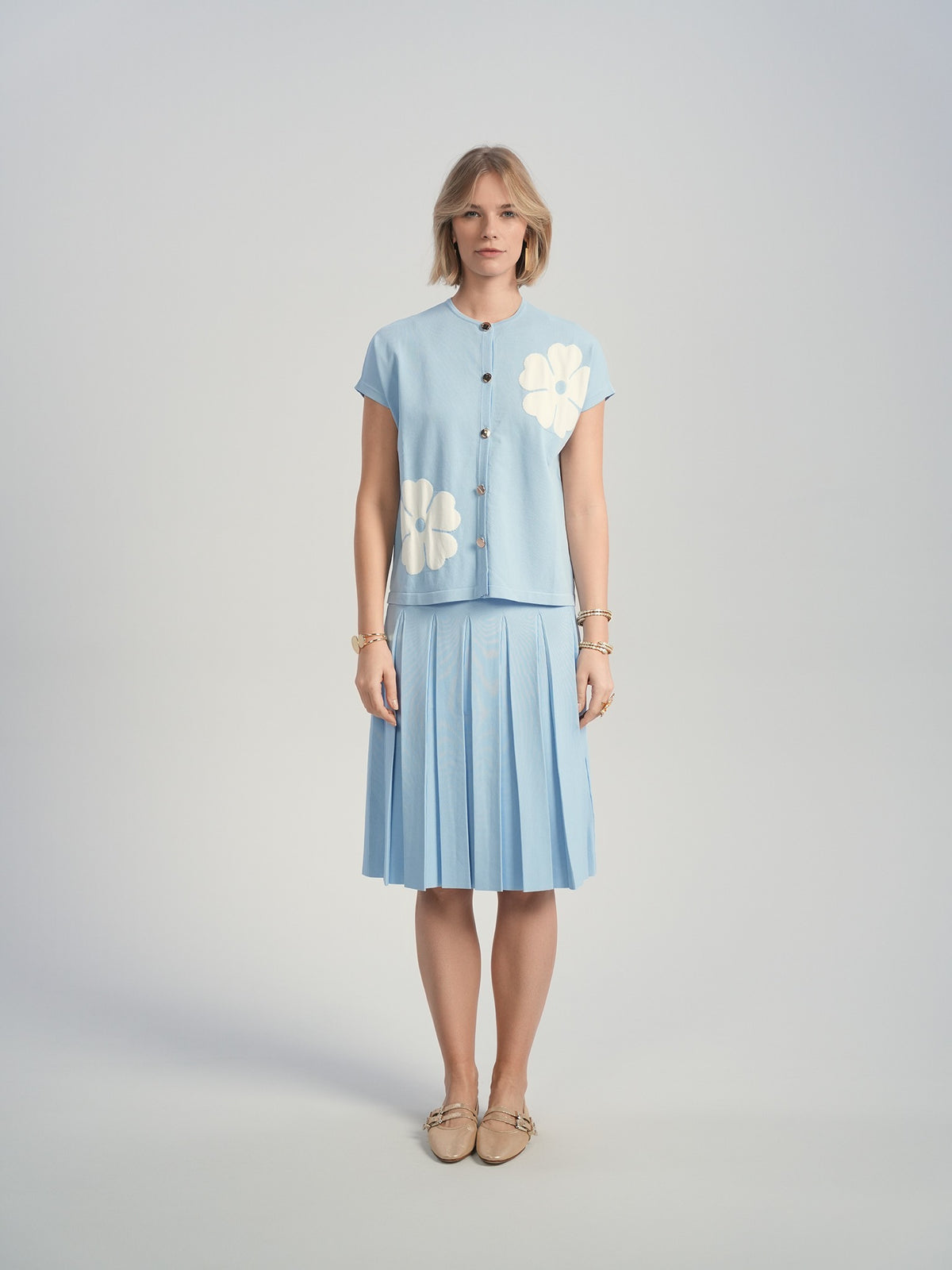 Aleeza Paris Paige Button Down Cardigan – modest top in Baby Blue W Ivory Flowers