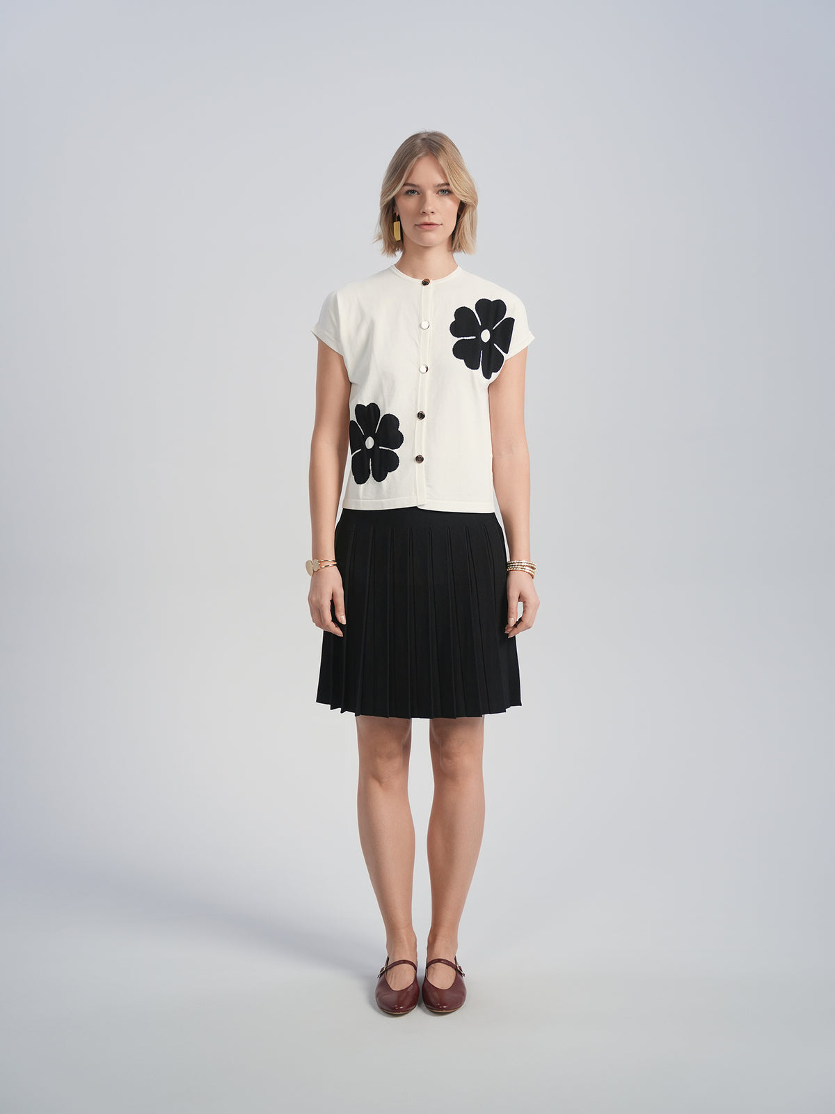 Aleeza Paris Paige Button Down Cardigan – modest top in Ivory W Black Flowers
