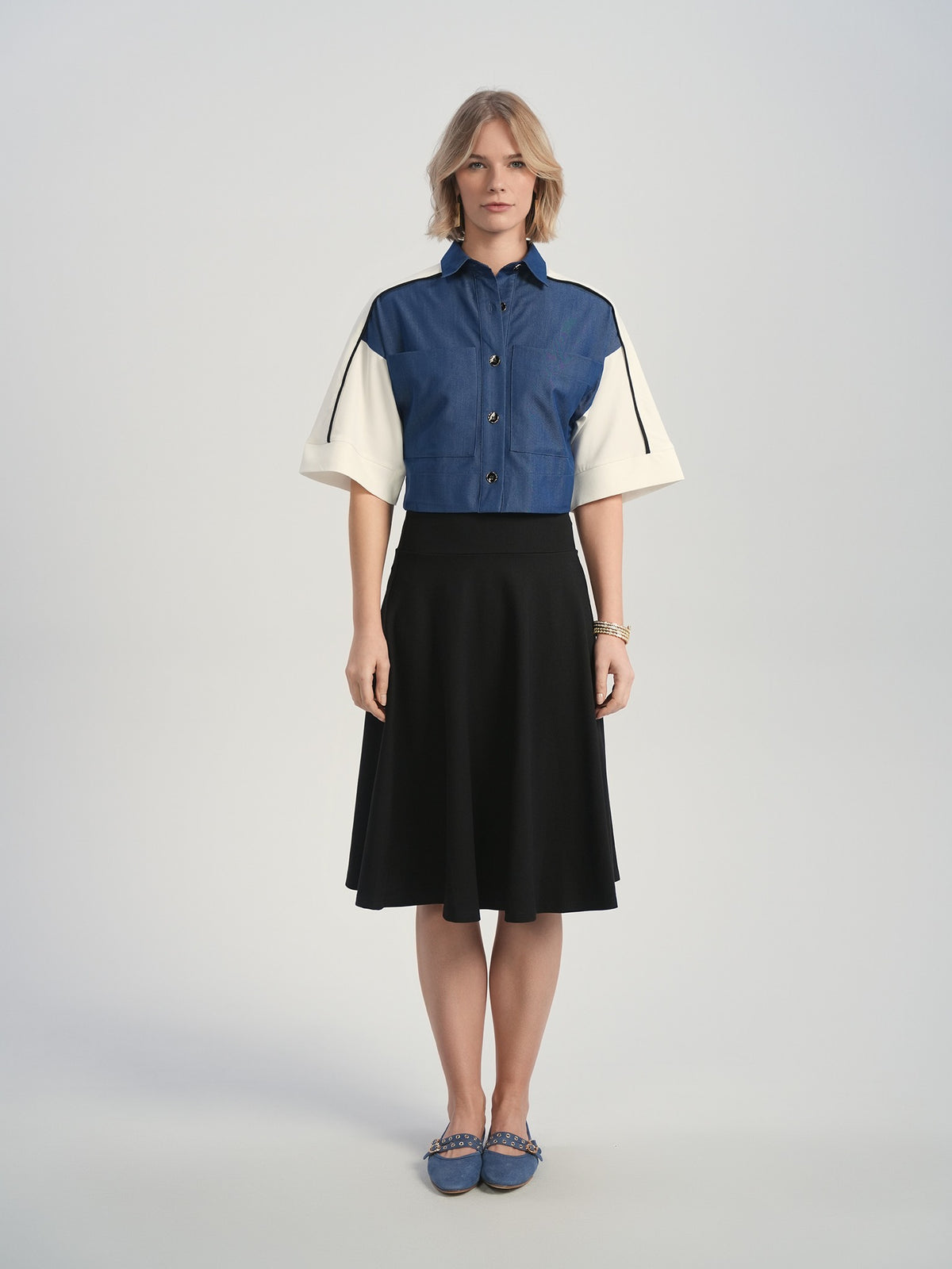 Aleeza Paris Peyton Shirt – modest top in Denim And Ivory