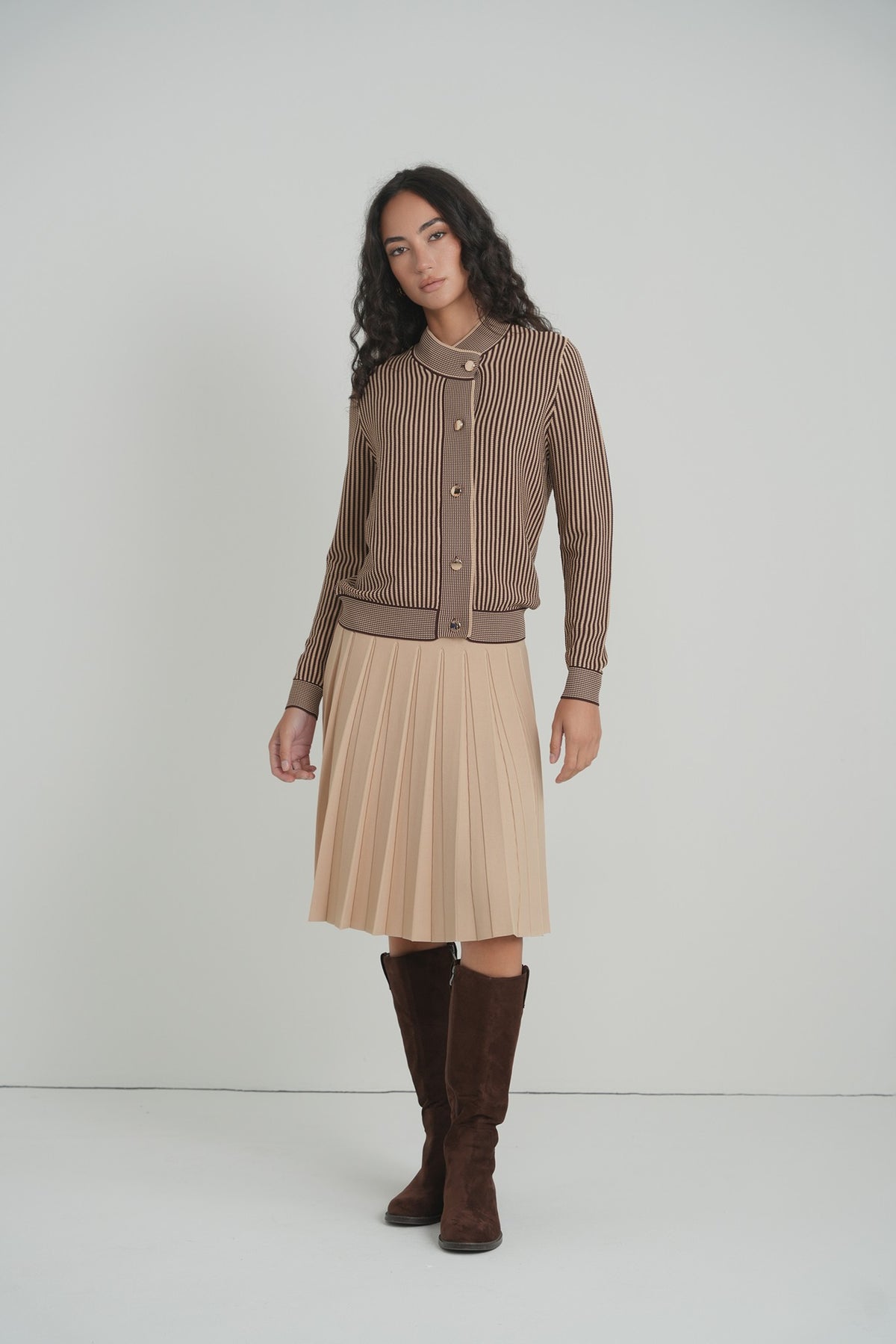 Pleated Wonder Skirt in Mocha – on model – ALEEZA PARIS