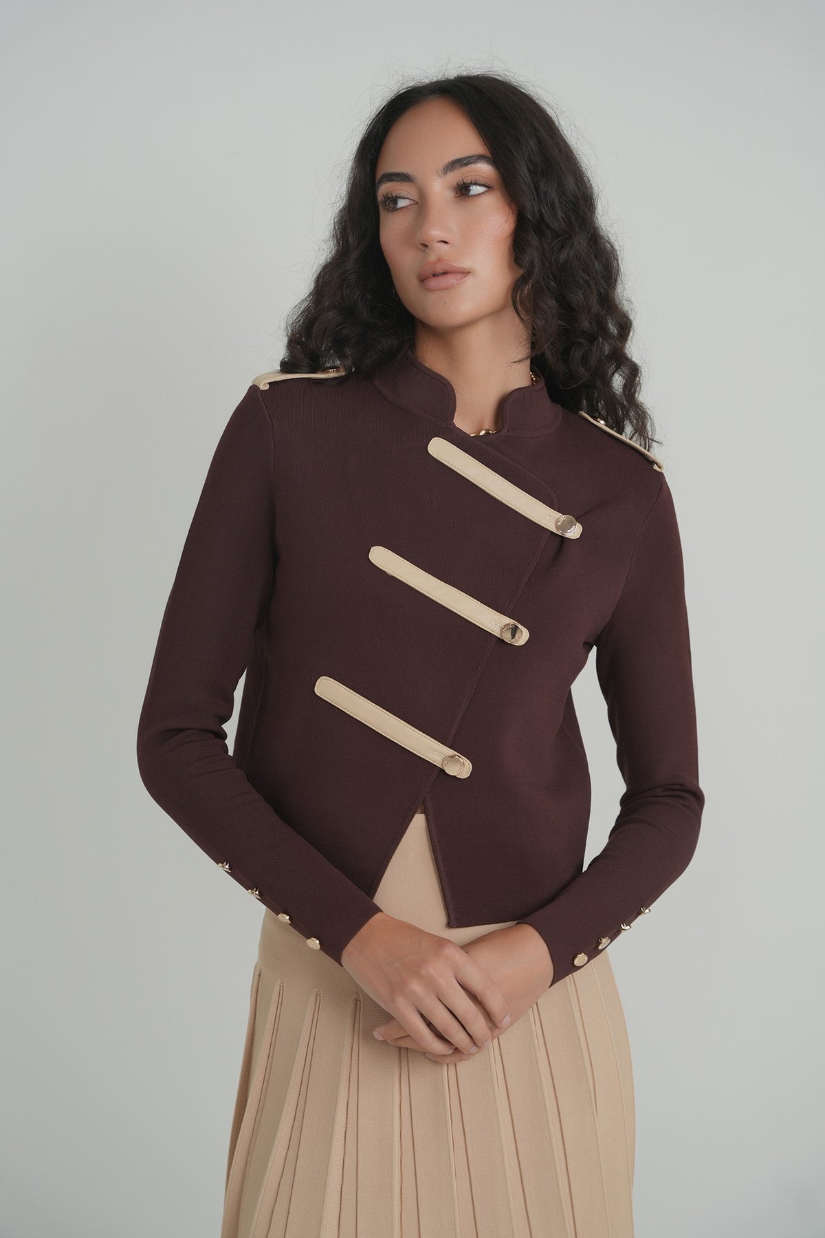 Pleated Wonder Skirt in Mocha – on model – ALEEZA PARIS
