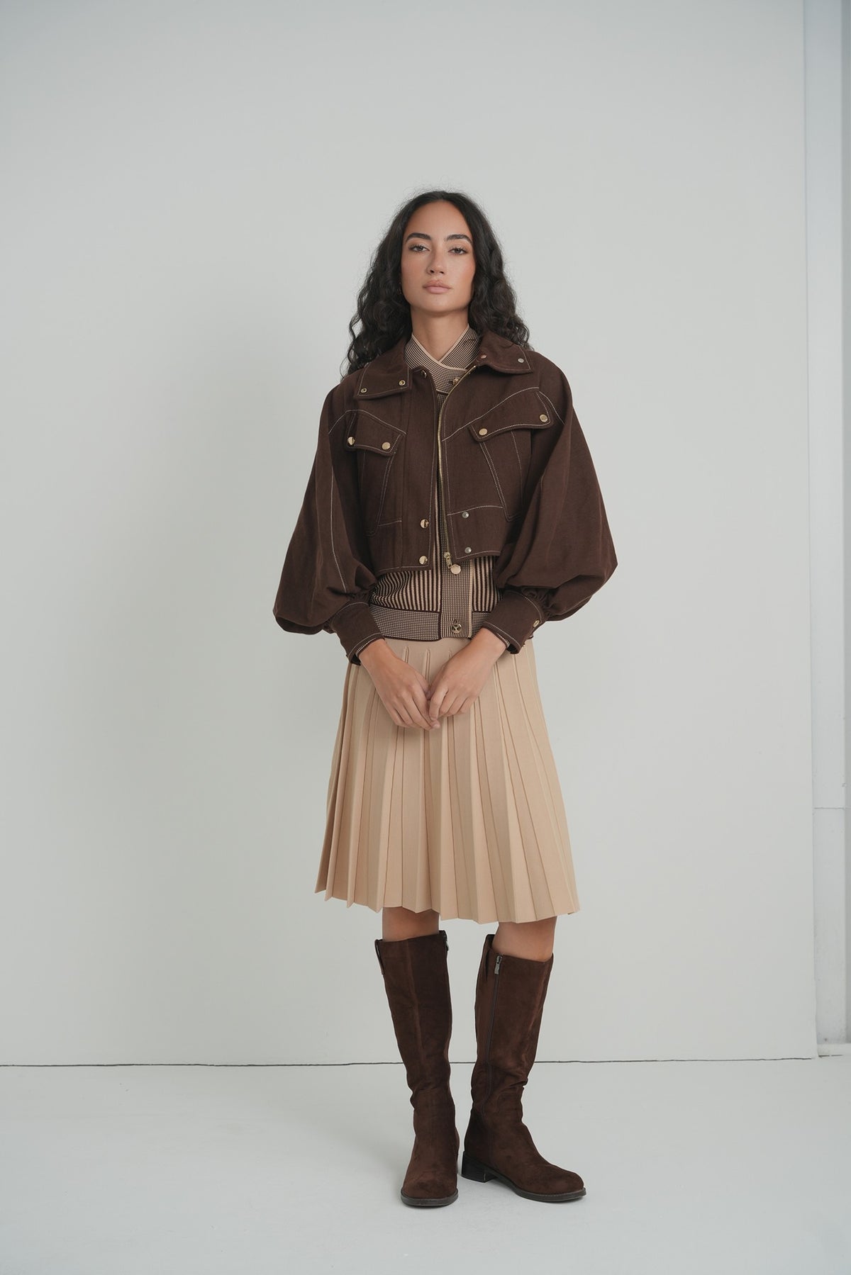 Pleated Wonder Skirt in Mocha – on model – ALEEZA PARIS