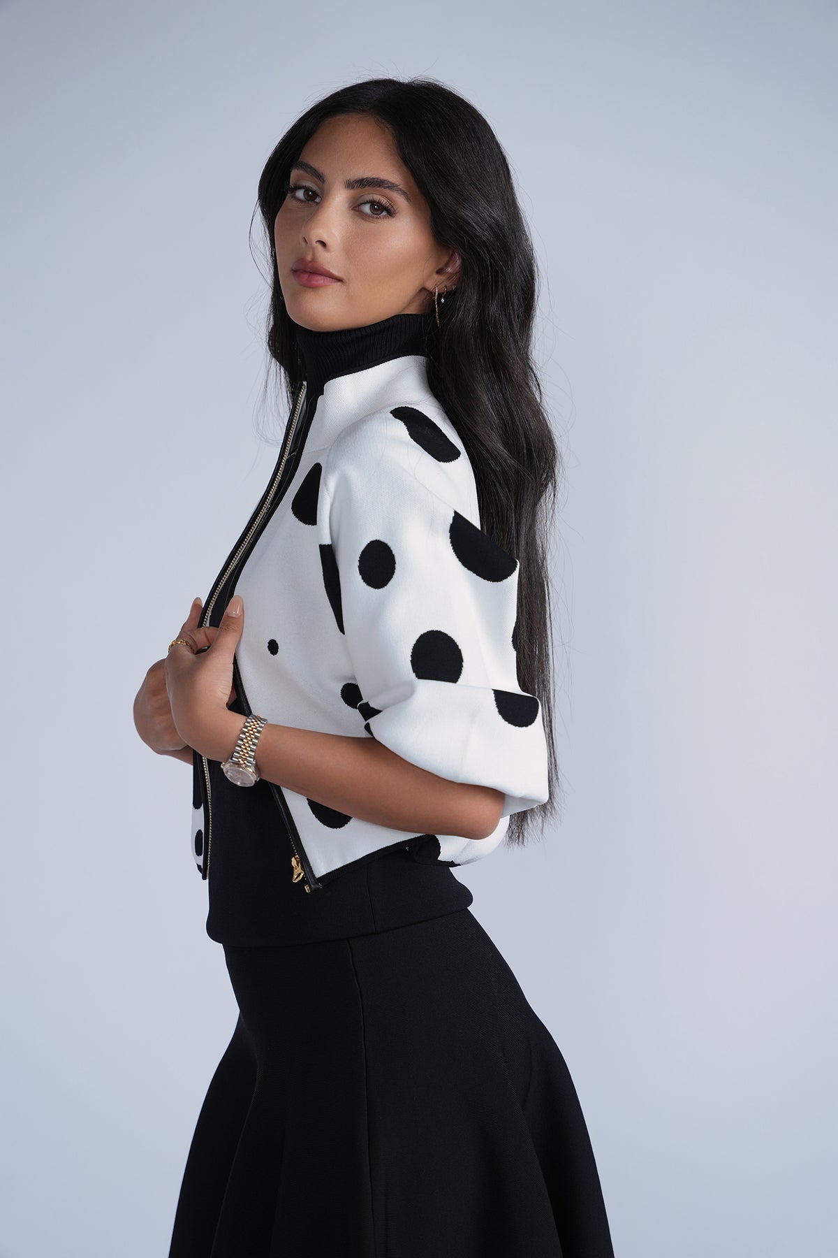 Aleeza Paris Polkadot Knit Bomber – modest jacket