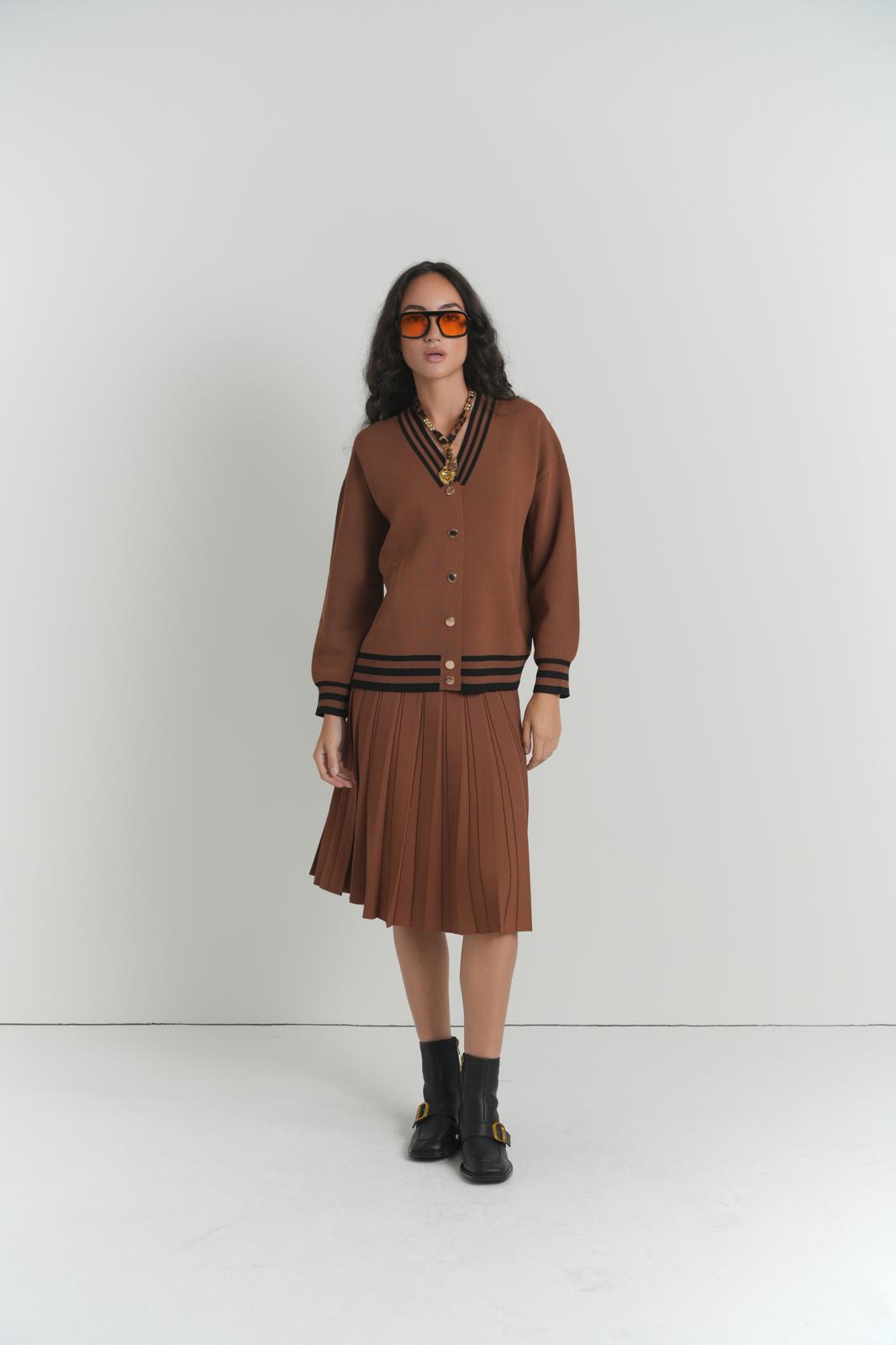 Preppy Stripe Knit Jacket in Cocoa With Black Stripes – on model – ALEEZA PARIS