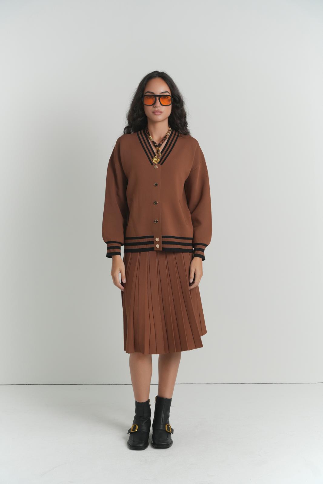 Preppy Stripe Knit Jacket in Cocoa With Black Stripes – on model – ALEEZA PARIS