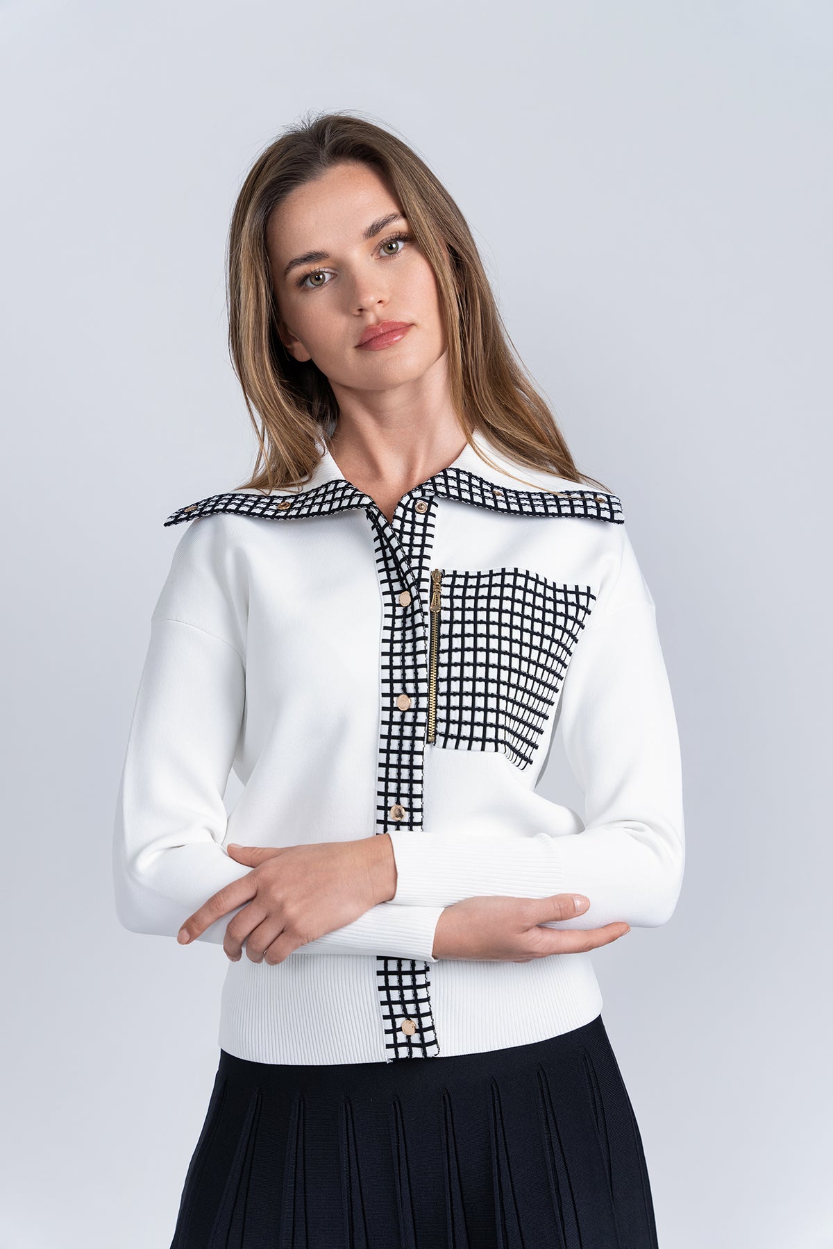 Aleeza Paris Refined Knit Bomber – modest top in Black/Ivory