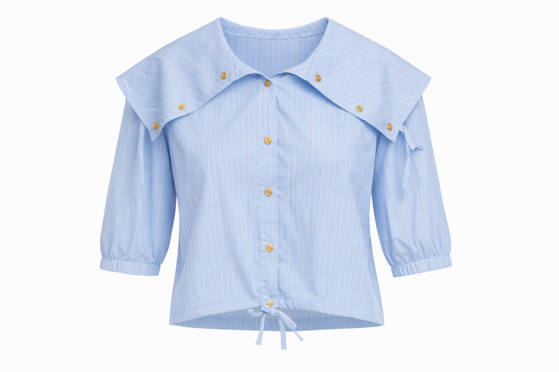 Aleeza Paris Riviera Cape Collar Top – modest top in Baby Blue W Ivory Lines