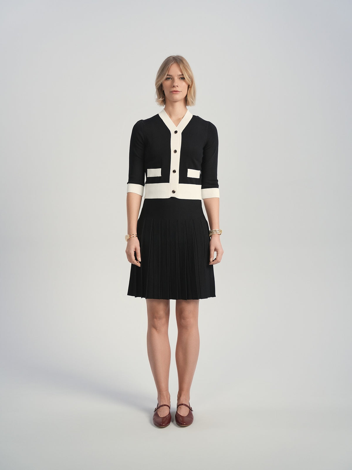 Aleeza Paris Salle Cardigan – modest top in Black W/ Ivory Trim