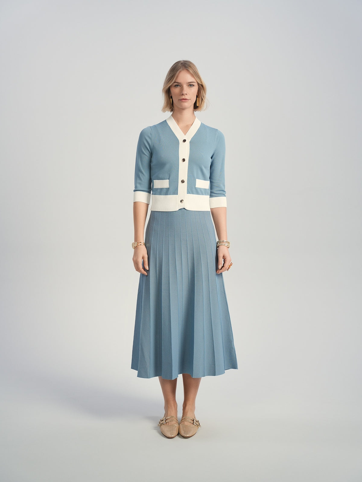 Aleeza Paris Salle Cardigan – modest top in Dusty Blue W/ Ivory Trim