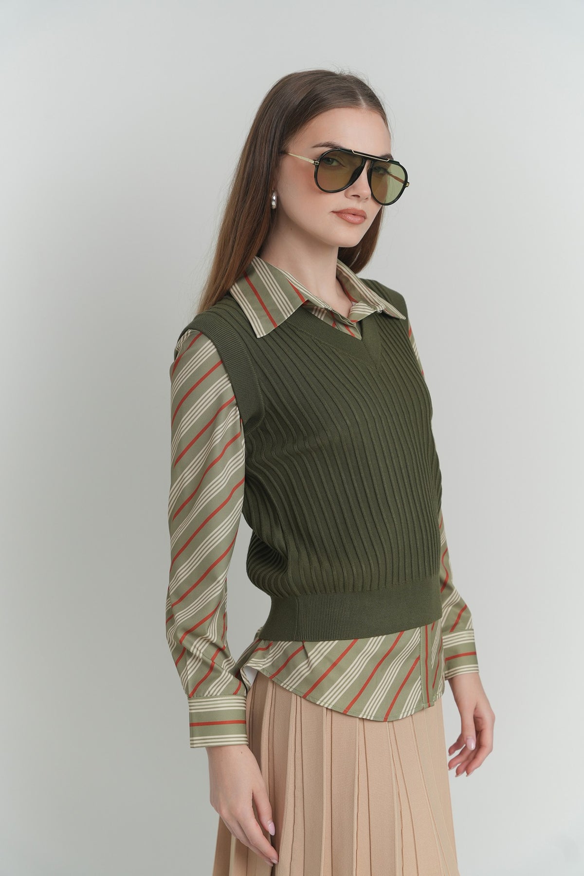 Sienna Ribbed Vest in Moss Green – on model – ALEEZA PARIS