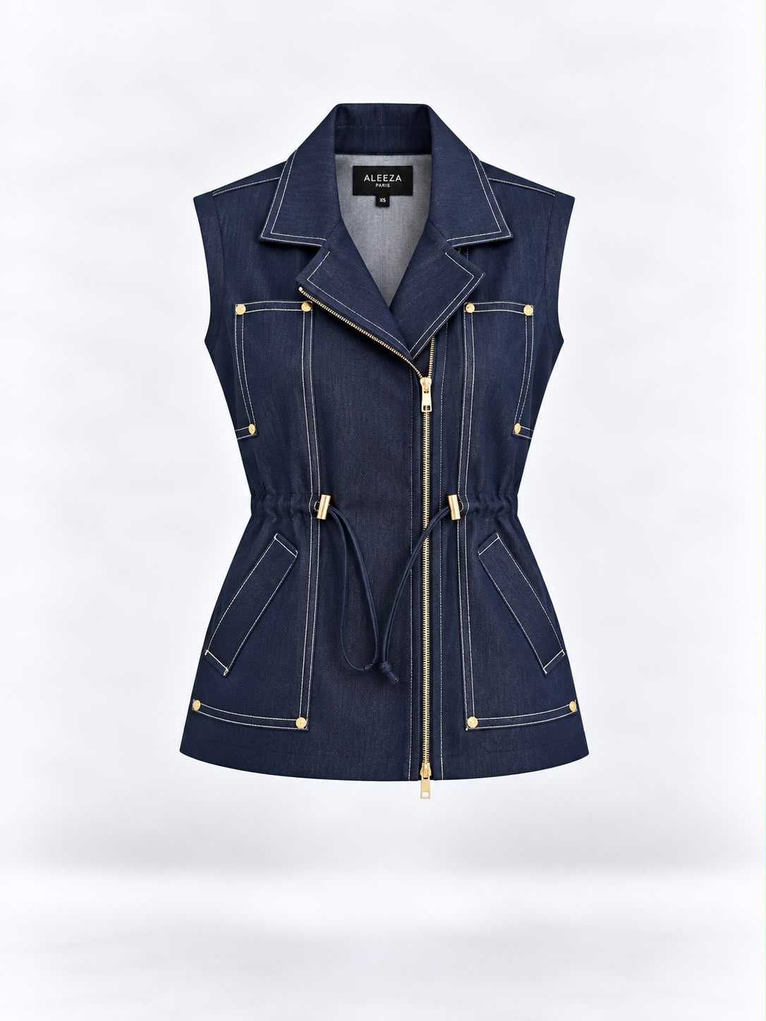 Aleeza Paris Sleeveless Denim Utility Vest – modest top in Navy