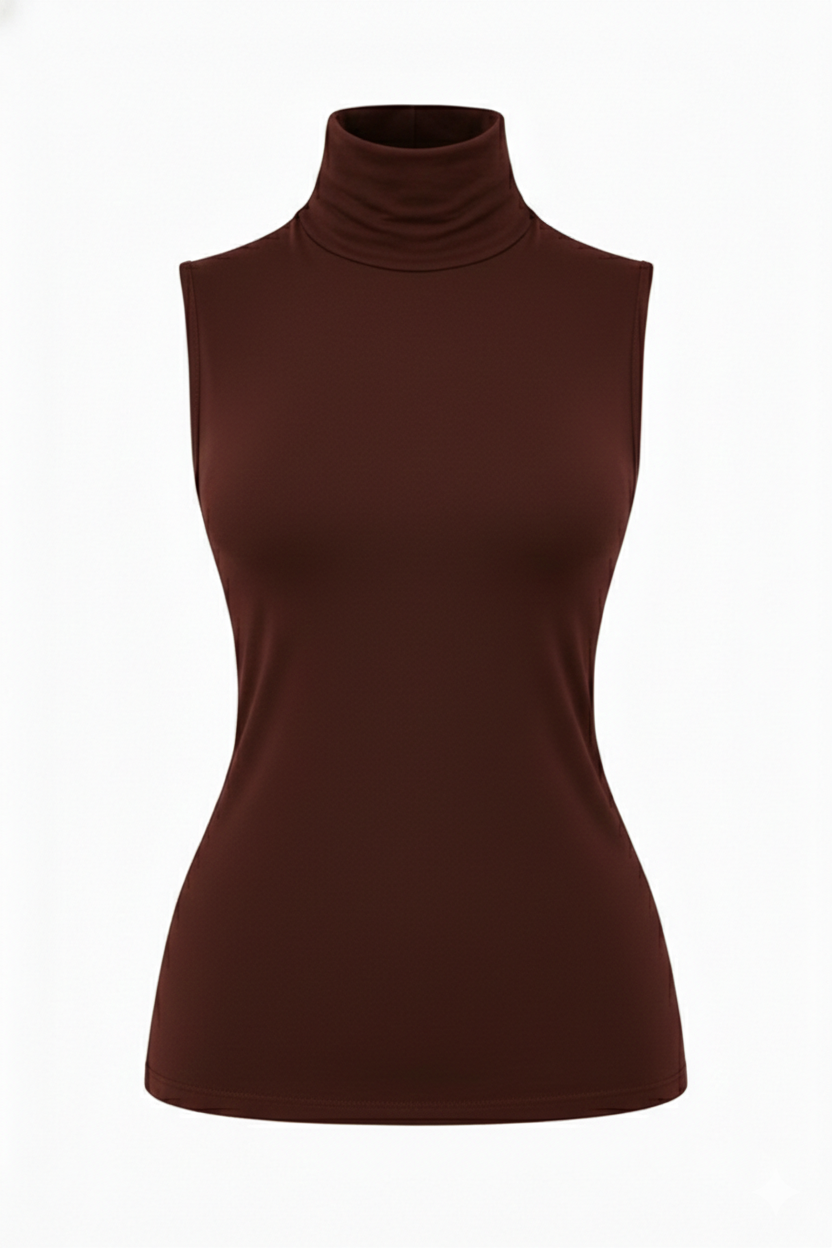 Aleeza Paris Sleeveless Turtleneck Top – modest top in Dark Brown