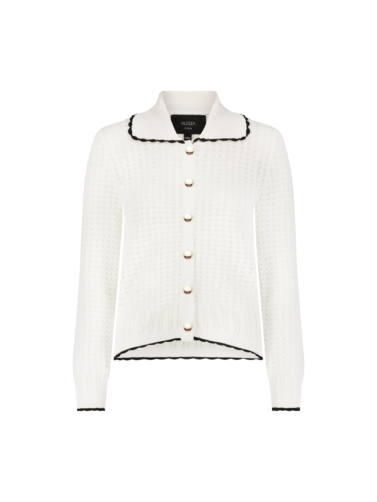 Aleeza Paris Sophie Knit Cardigan – modest top in Ivory W/ Black Trim