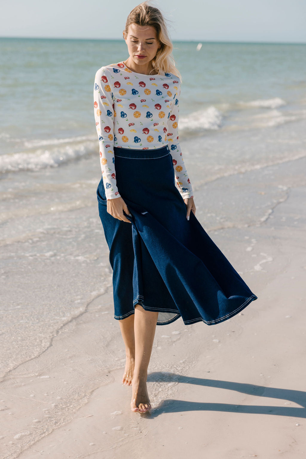 Aleeza Paris Stitch Stretch Denim Skirt – modest skirt in Blue