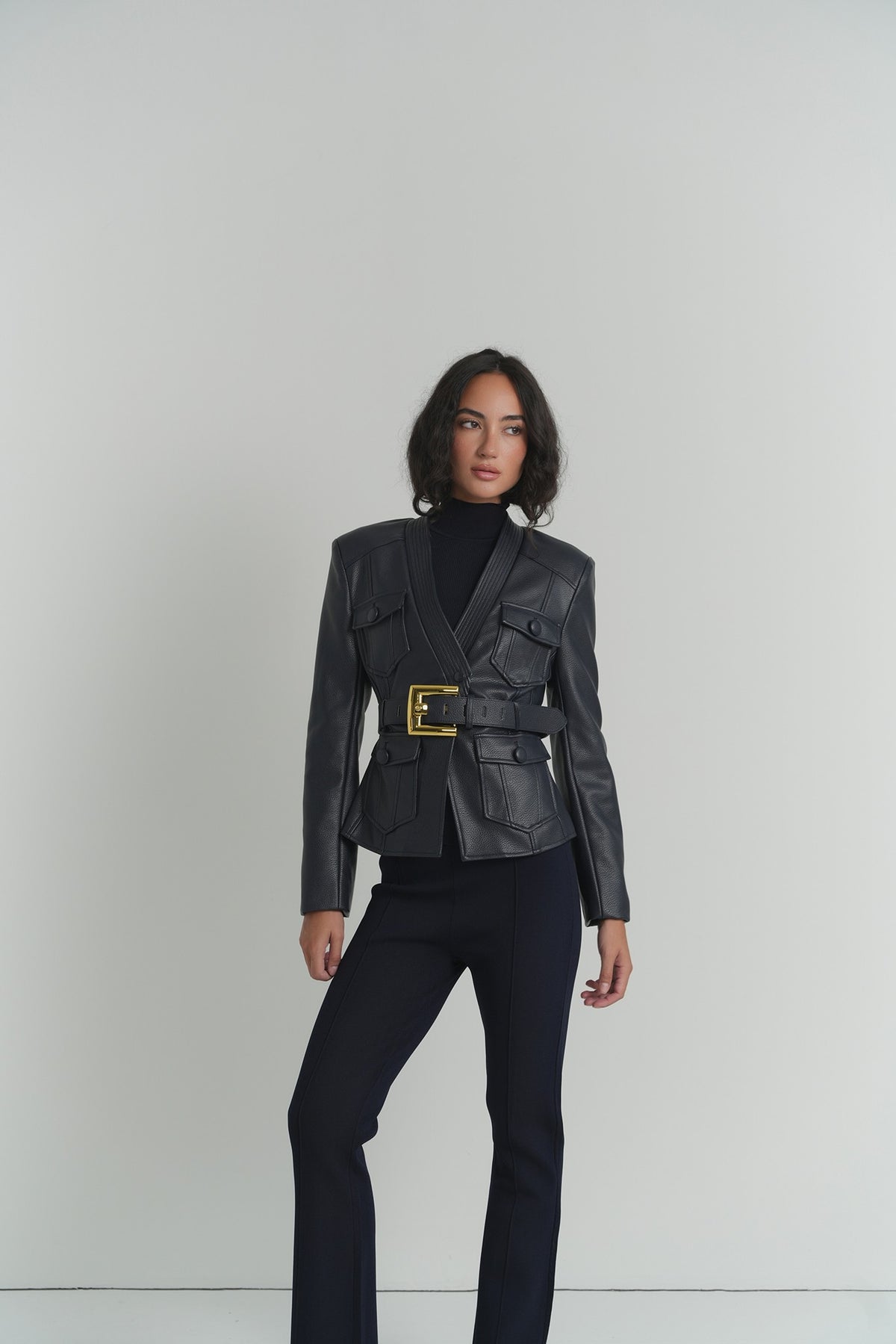 Tailored Herringbone Pants in Navy Denim – on model – ALEEZA PARIS