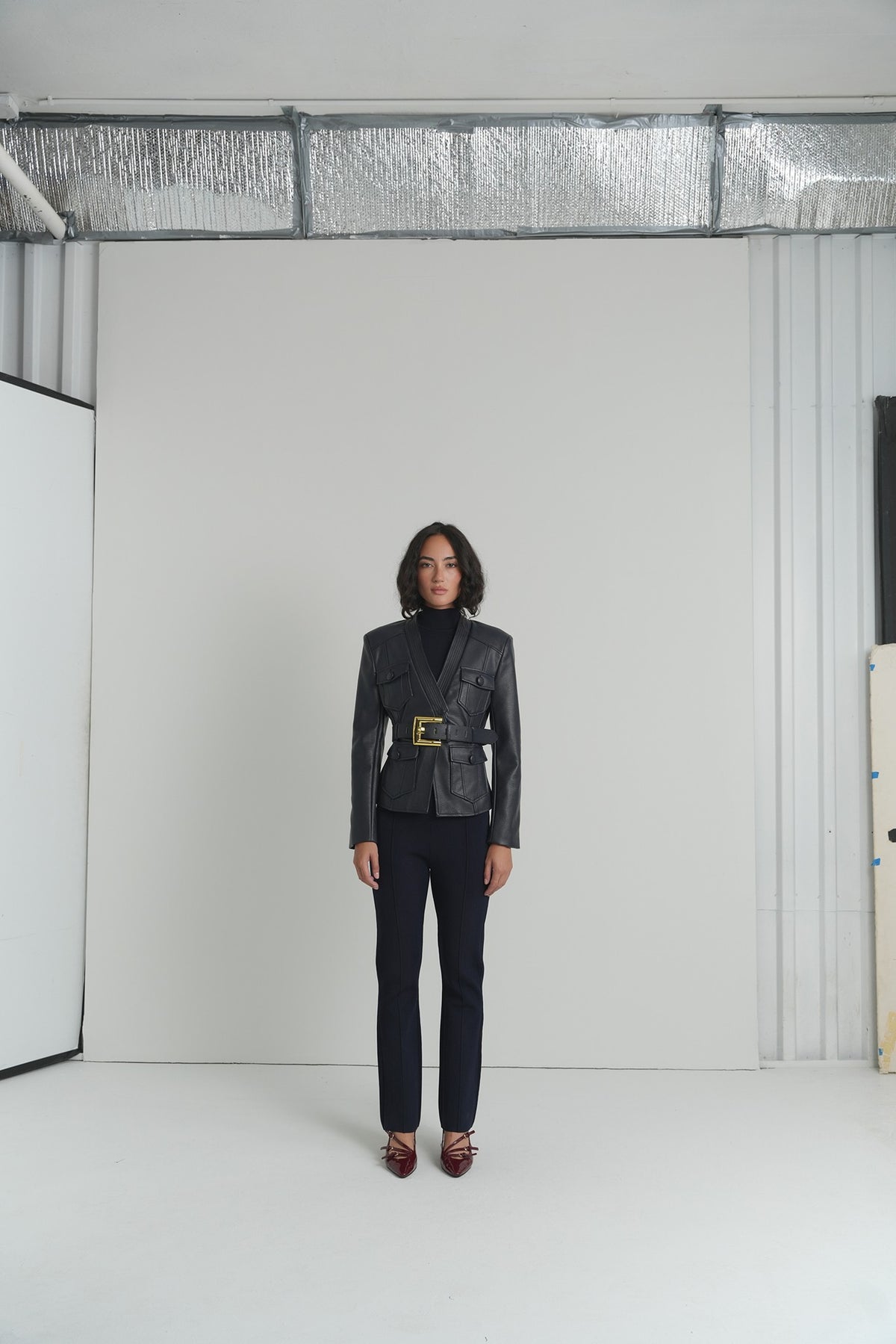 Tailored Herringbone Pants in Navy Denim – on model – ALEEZA PARIS