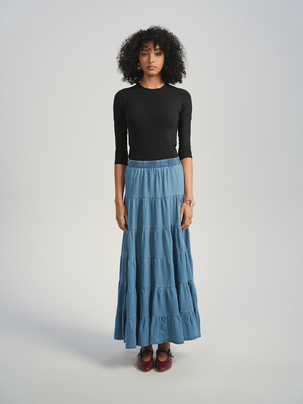 Aleeza Paris Tiered Denim Skirt – modest skirt in Denim
