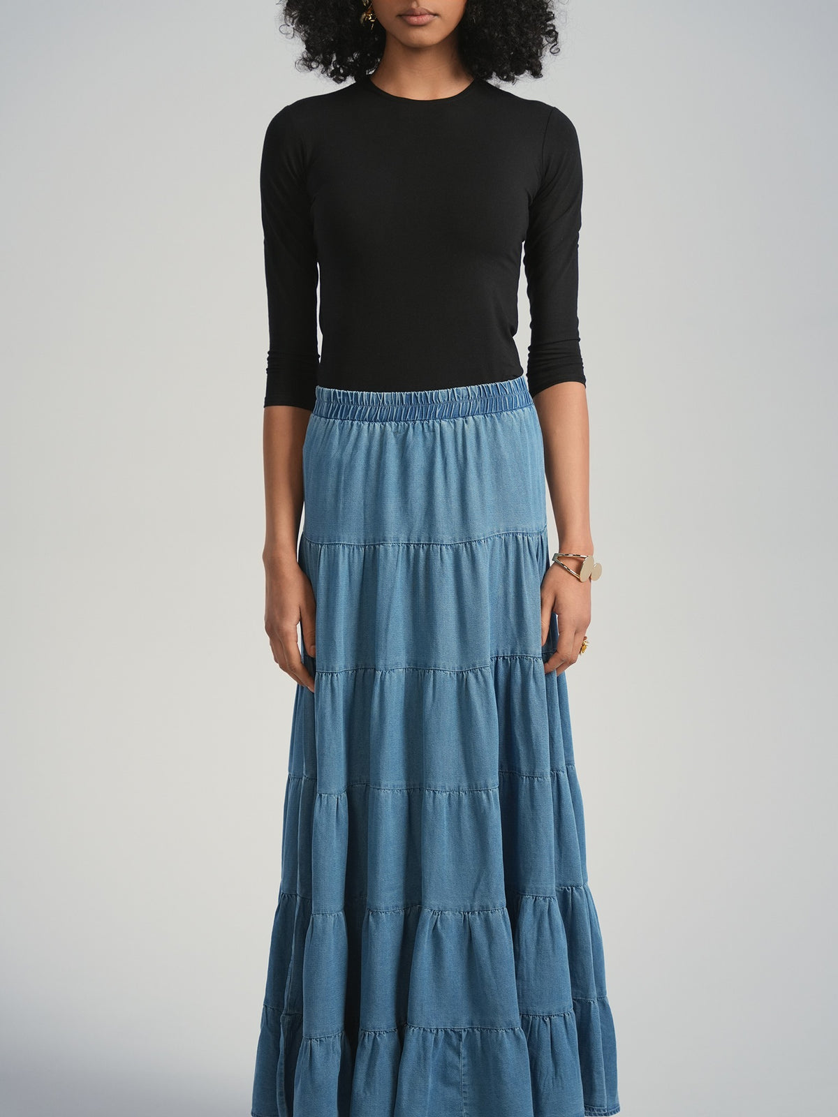 Aleeza Paris Tiered Denim Skirt – modest skirt in Denim