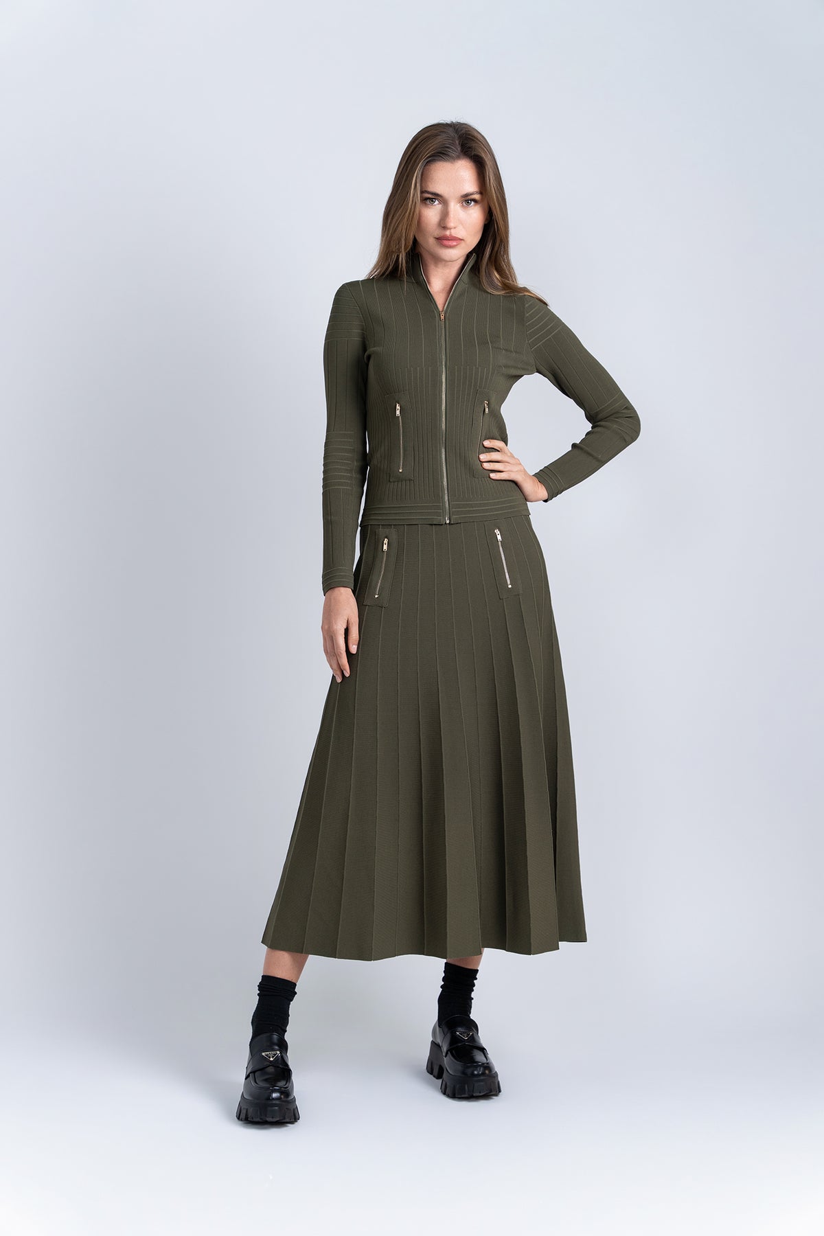 Aleeza Paris Timeless Zipper Cardigan – modest top in Moss Green