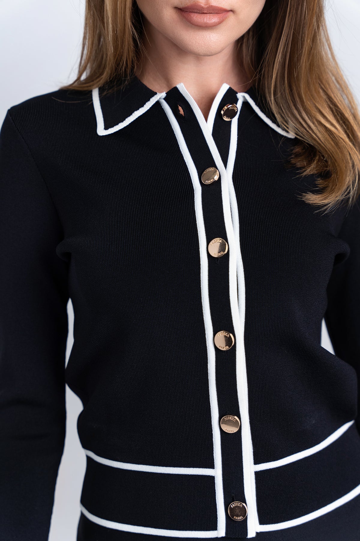 Aleeza Paris Tokay Jacket – modest top in Black W/ Ivory Trim