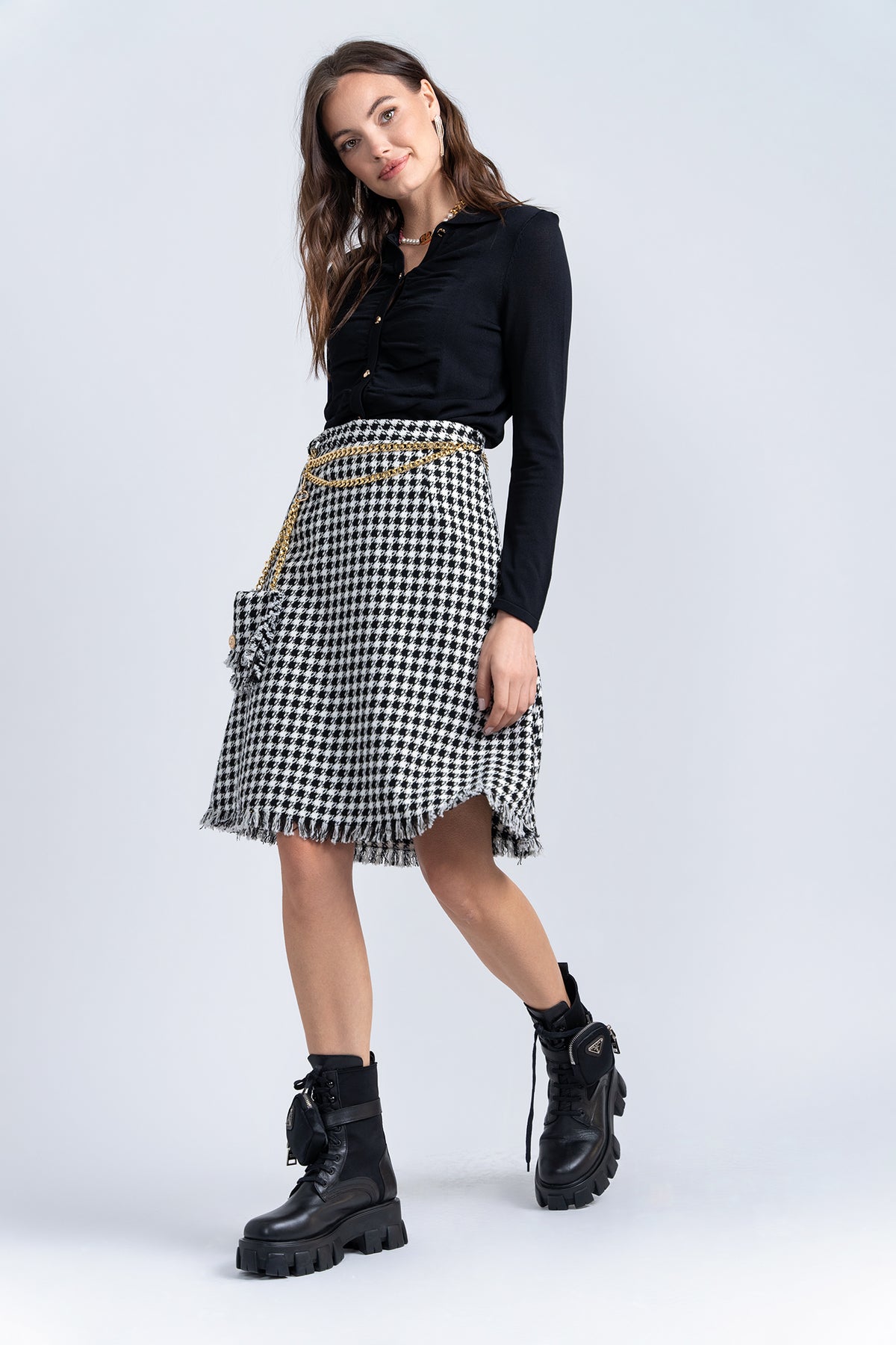 Aleeza Paris Tweed Fringe Skirt – modest skirt in Black/Ivory