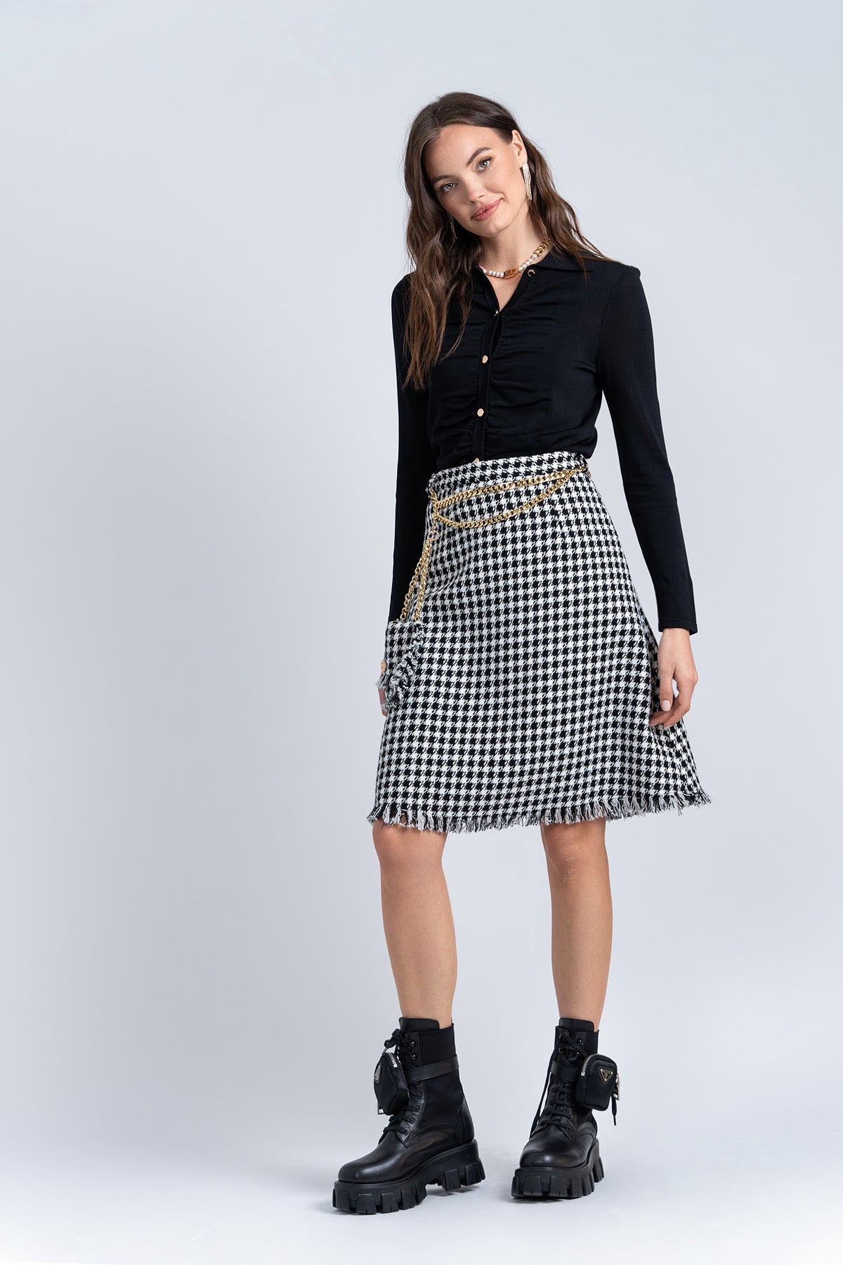 Aleeza Paris Tweed Fringe Skirt – modest skirt in Black/Ivory