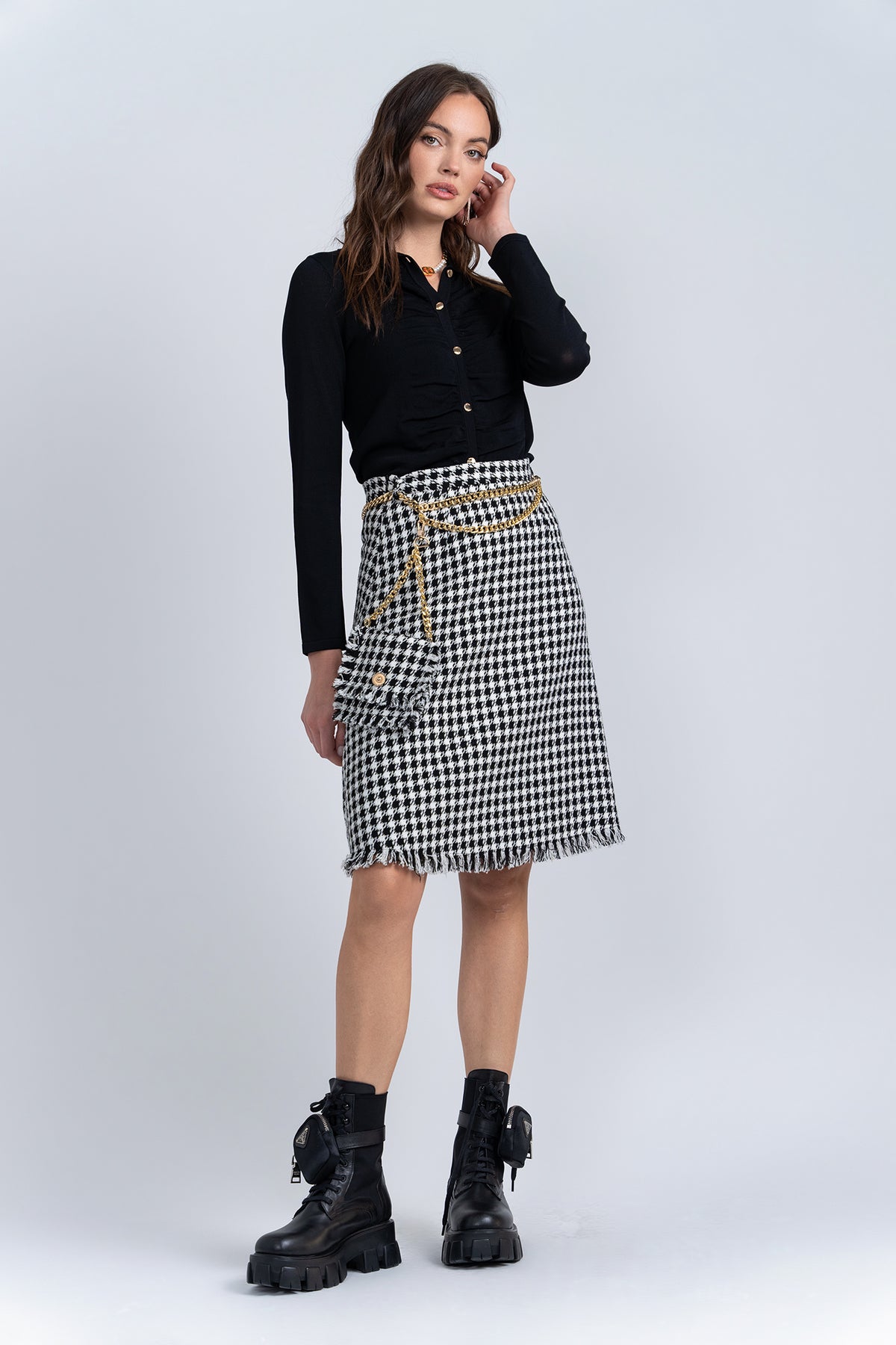 Aleeza Paris Tweed Fringe Skirt – modest skirt in Black/Ivory