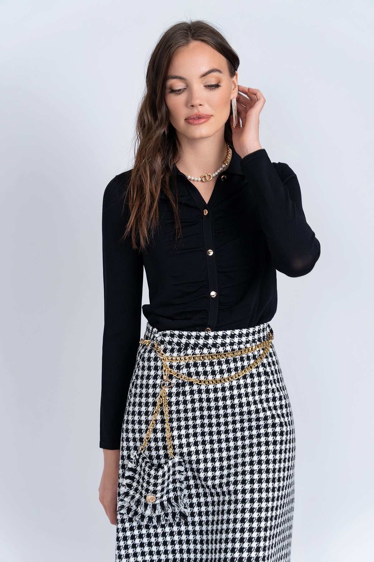 Aleeza Paris Tweed Fringe Skirt – modest skirt in Black/Ivory