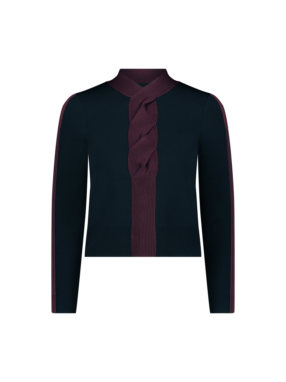 Aleeza Paris Twist Front Sweater – modest top in Black W Plum Trim
