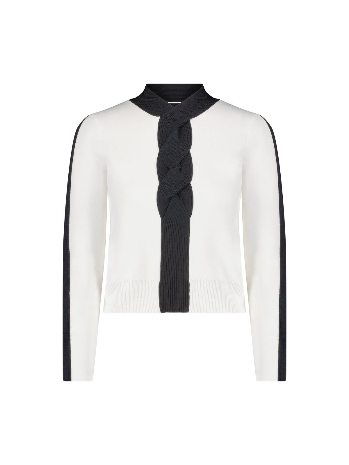 Aleeza Paris Twist Front Sweater – modest top in Ivory W Black Trim