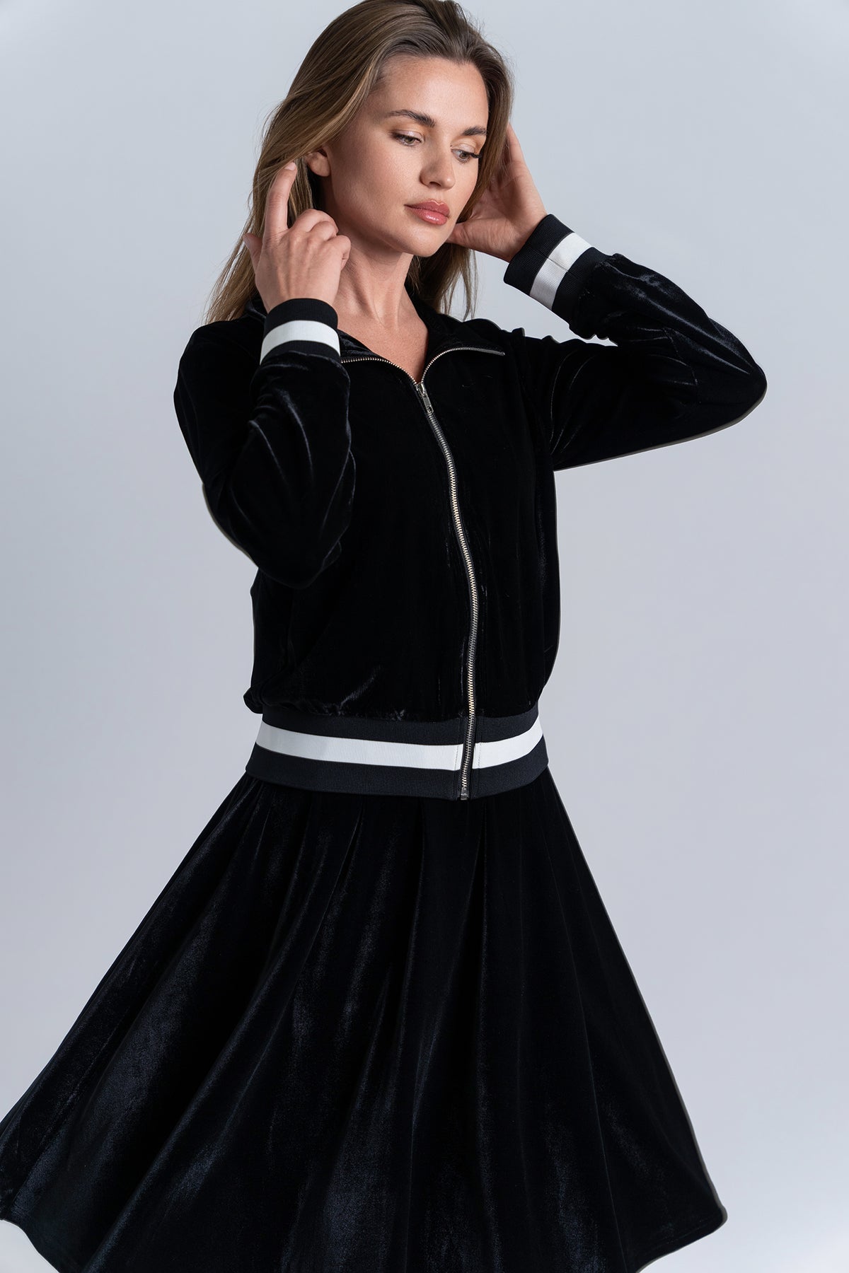 Aleeza Paris Velour Zipper Bomber – modest dress in Black