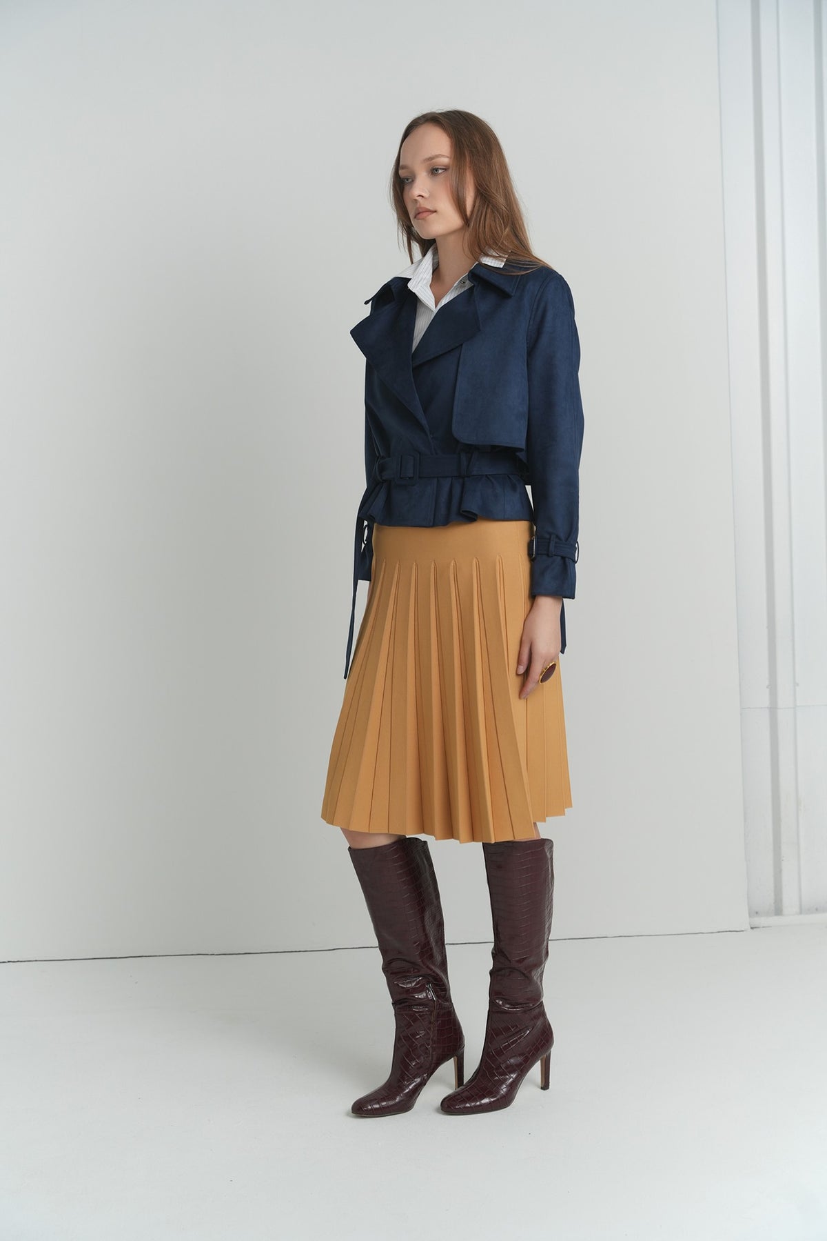 Pleated Wonder Skirt In Nugget – on model – ALEEZA PARIS