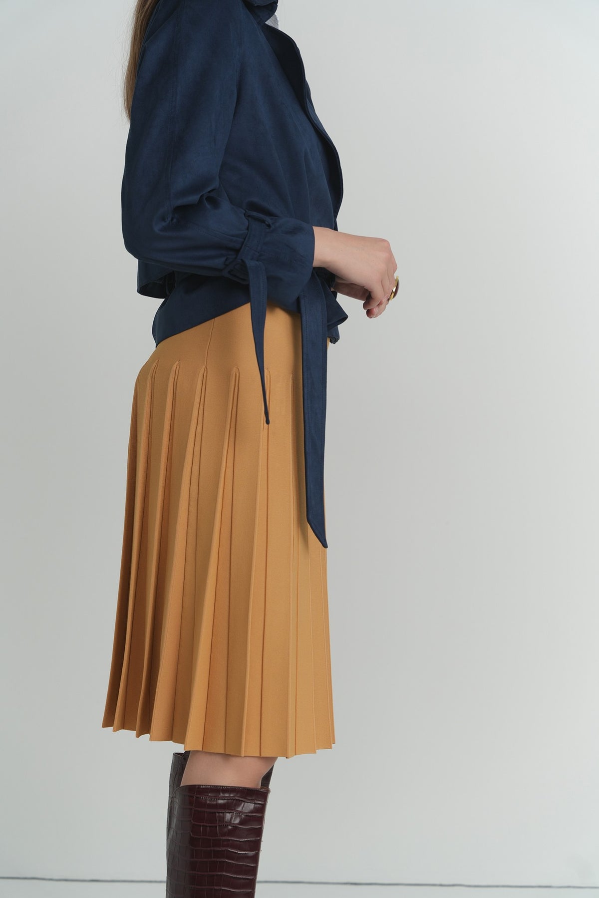 Pleated Wonder Skirt In Nugget – on model – ALEEZA PARIS
