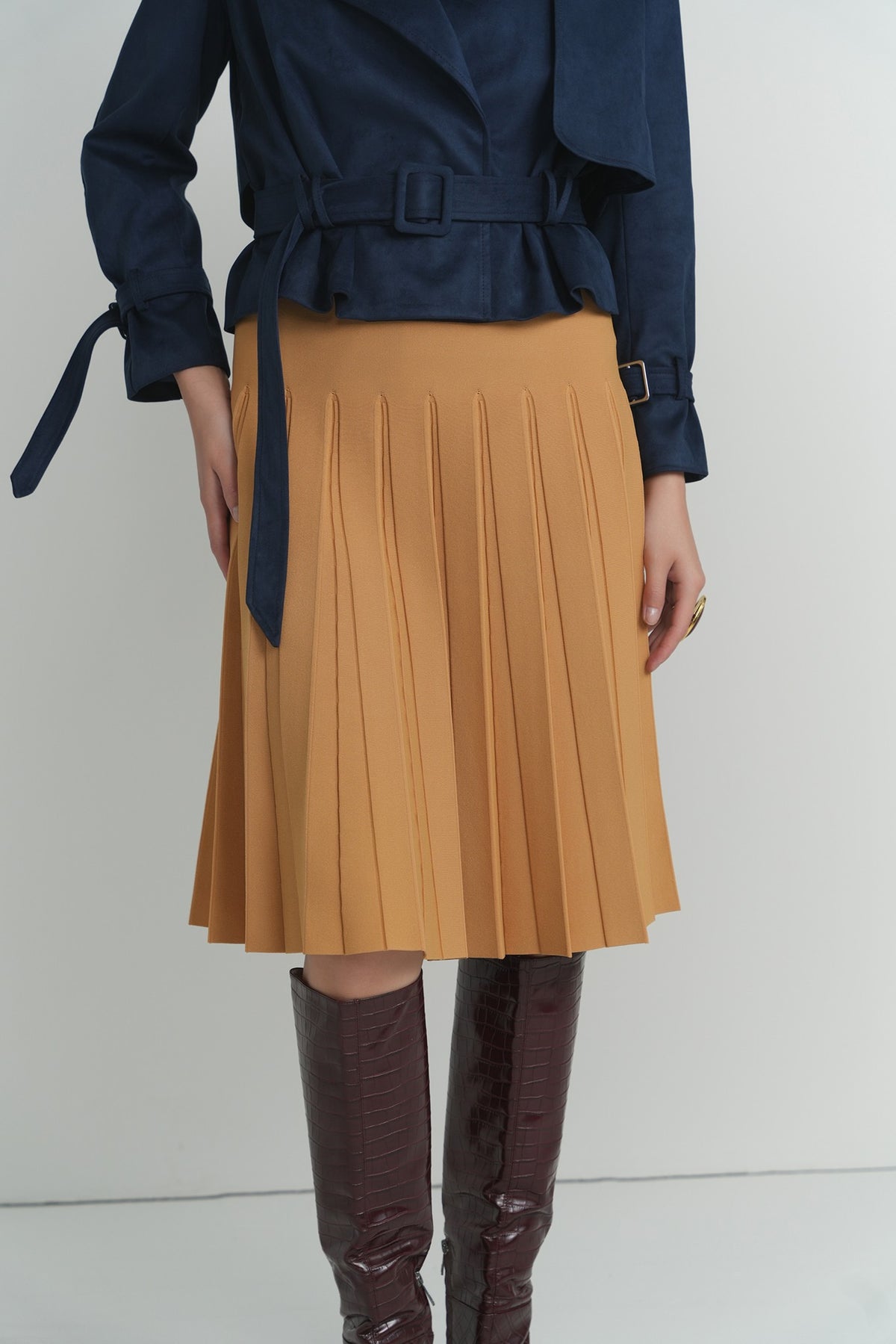 Pleated Wonder Skirt In Nugget – on model – ALEEZA PARIS