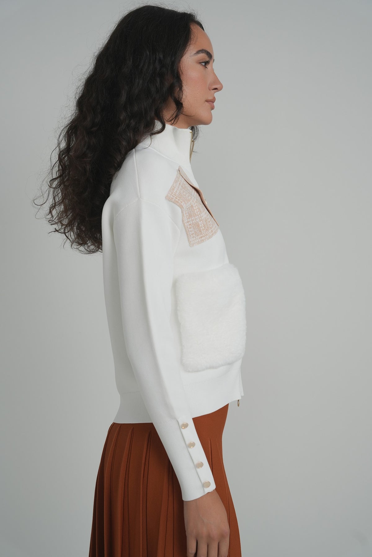 Pleated Wonder Skirt in Pumpkin – on model – ALEEZA PARIS