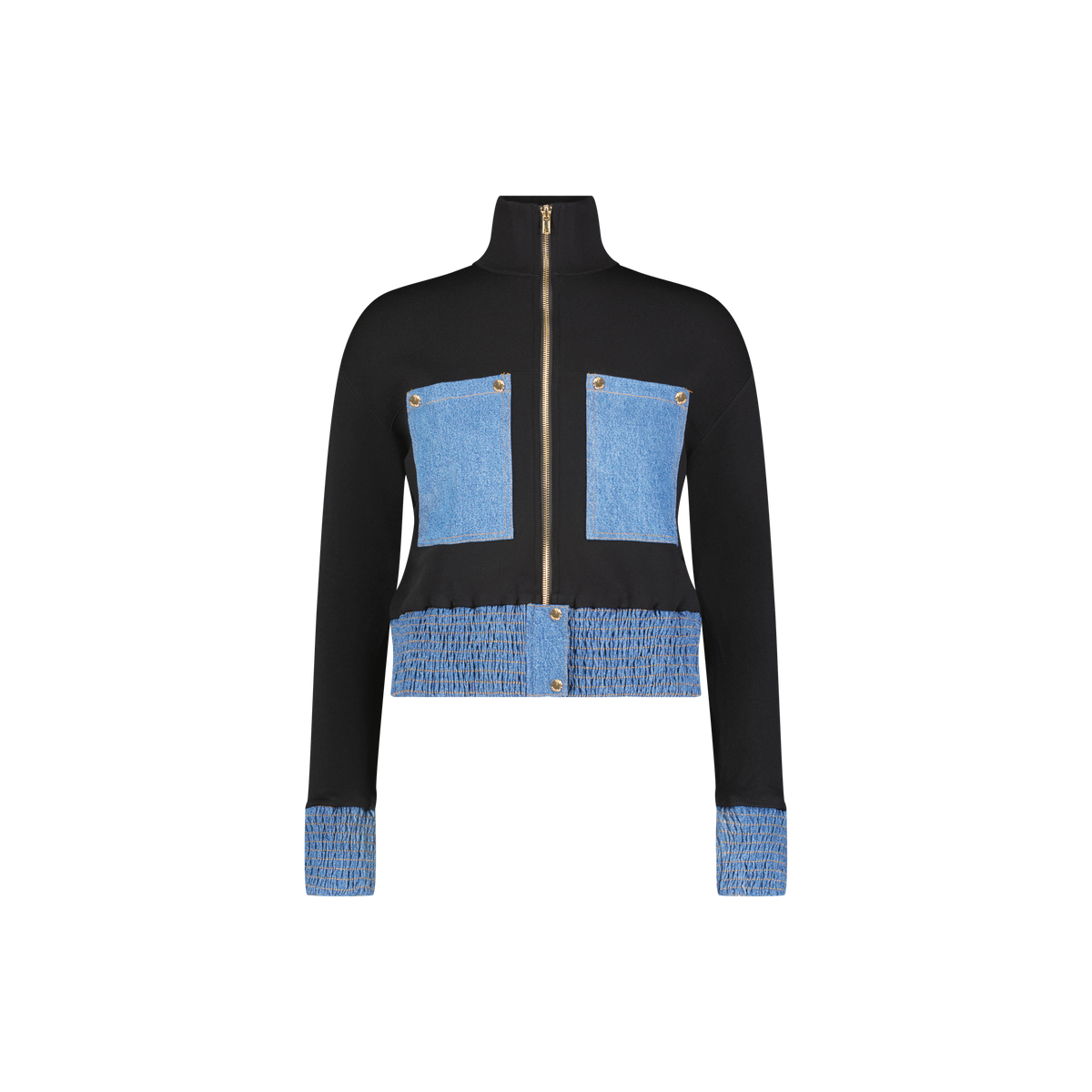 Aleeza Paris Zip Up Jacket – modest top in Black W Blue Denim Pockets