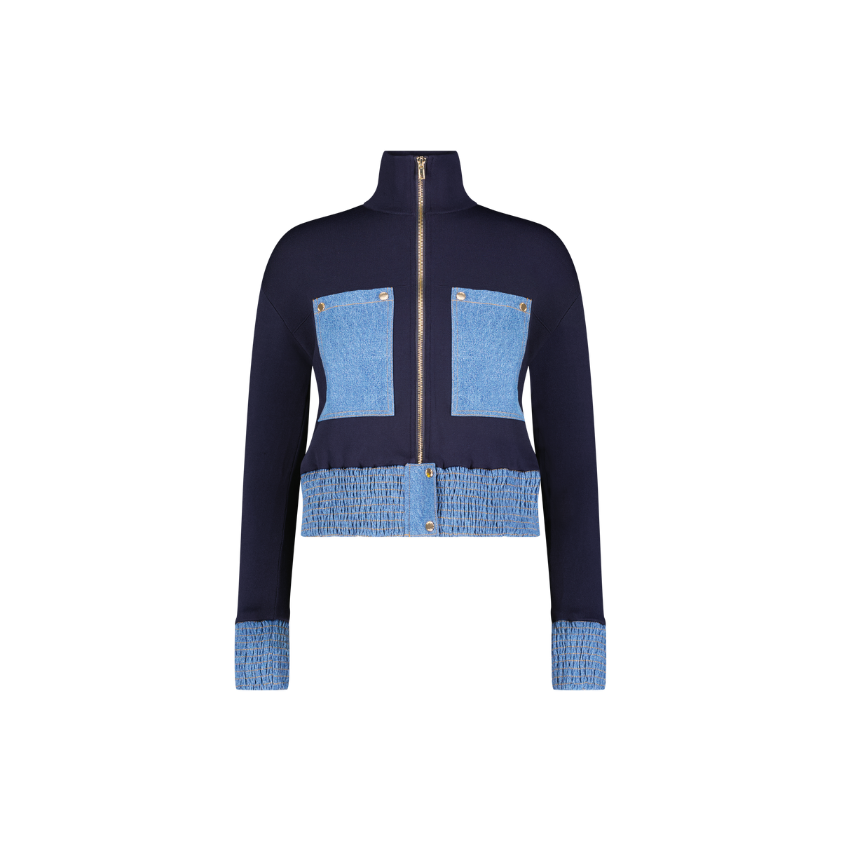 Aleeza Paris Zip Up Jacket – modest top in Navy W Blue Denim Pockets