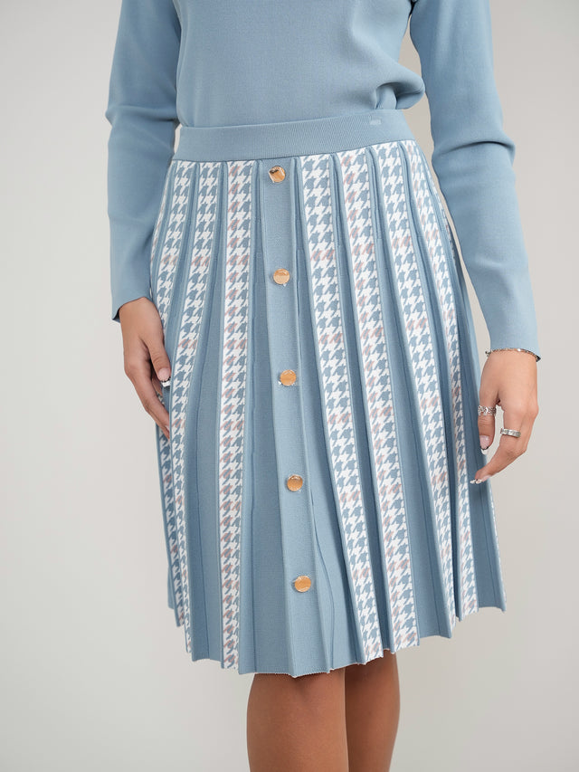 Houndstooth Pleated Skirt with Gold Buttons