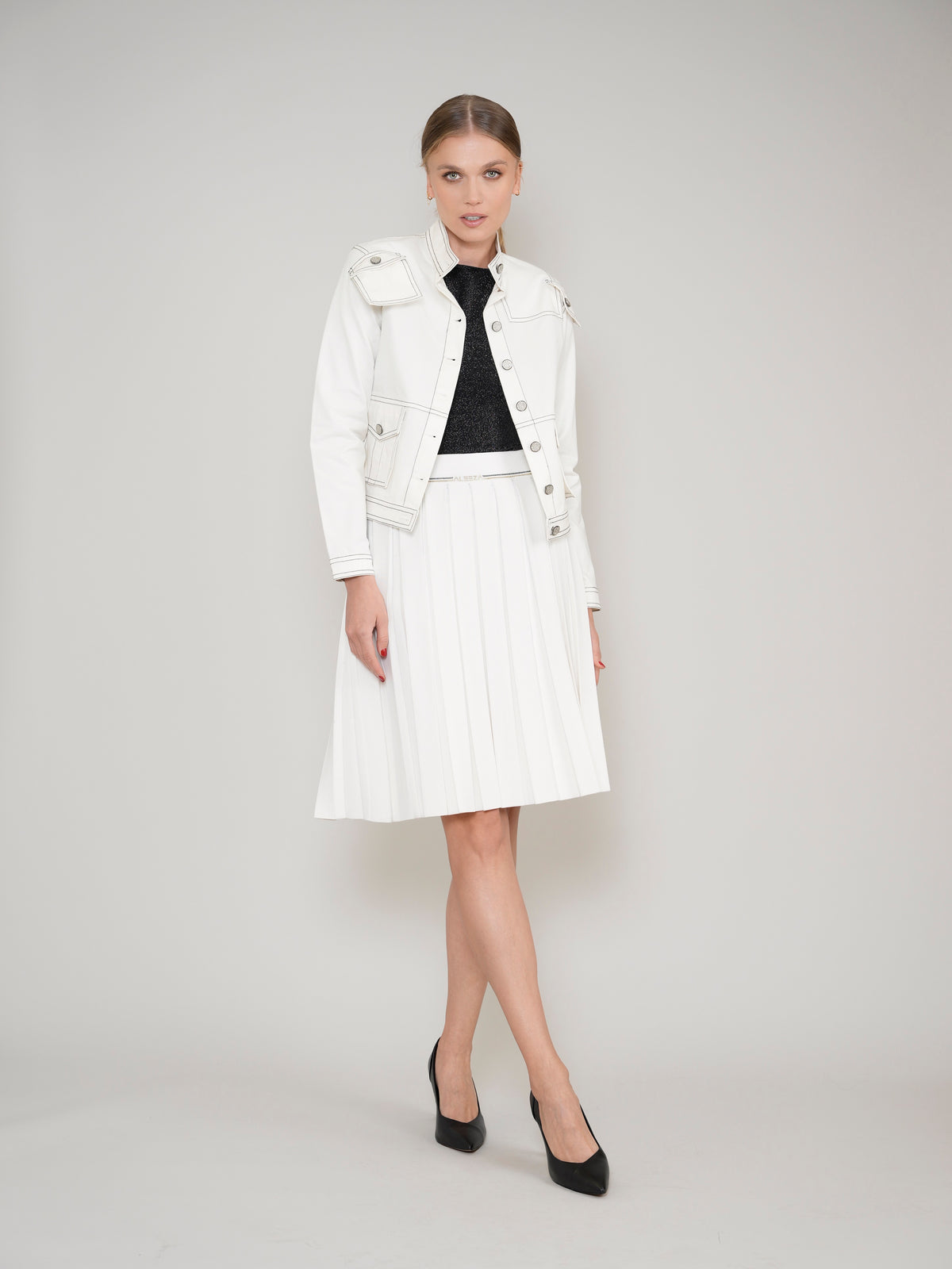 White Knit Pleated Tennis Skirt With Aleeza Strip by Aleeza Paris – modest skirt