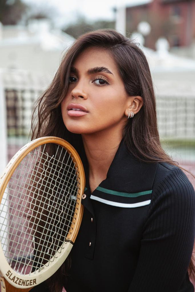 Knit Tennis Top With Ribbed Sleeve