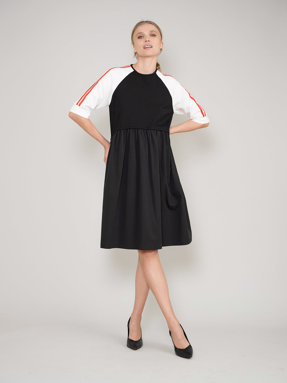 Aleeza Paris Black Dress with Red Strip on Sleeve – modest dress in Black