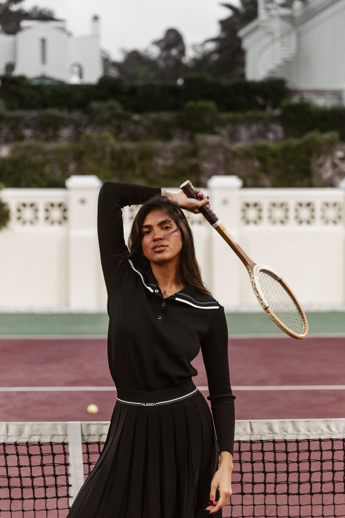 Black Knit Pleated Tennis Skirt With Aleeza Strip by Aleeza Paris – modest skirt