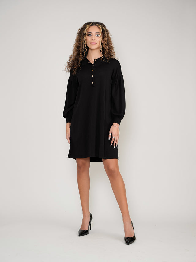 Black Buttoned Knit Dress with Collar