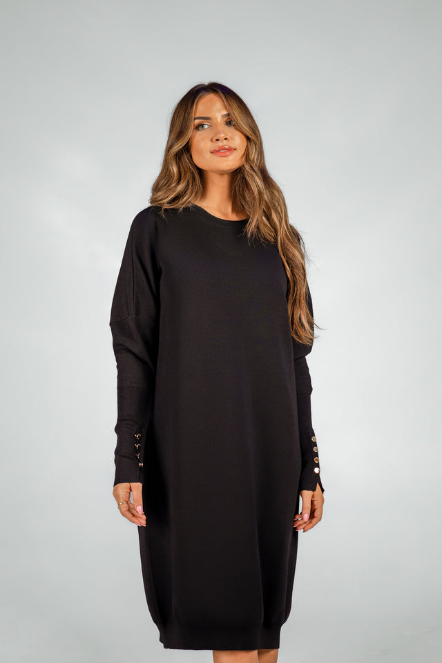 Black Knit Dress with Gold Buttons on Sleeve