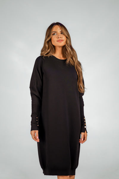 Black Knit Dress with Gold Buttons on Sleeve